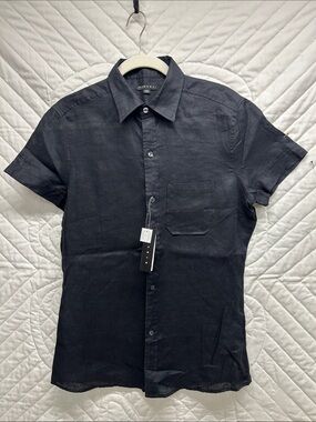 Sisley Men's Black Short-Sleeve Linen Button-Down Shirt